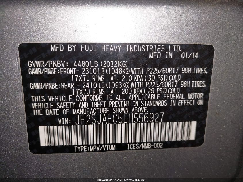 2014 Subaru Forester 2.5I Premium VIN: JF2SJAEC5EH556927 Lot: 43881137