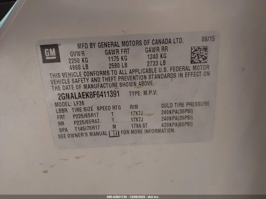 2015 Chevrolet Equinox Ls VIN: 2GNALAEK8F6411391 Lot: 43881138