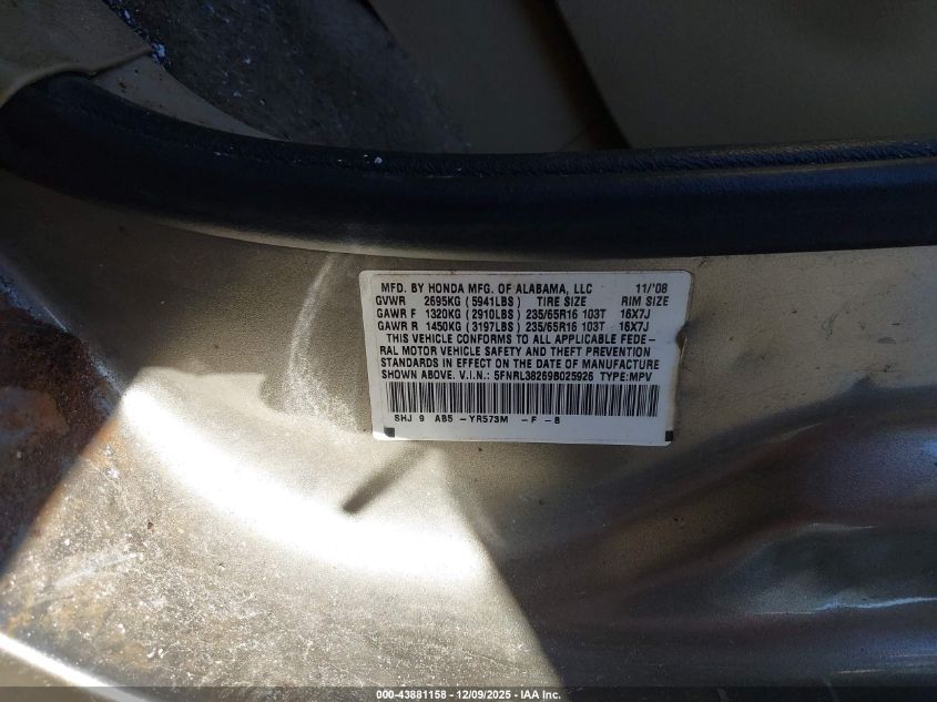 2009 Honda Odyssey Lx VIN: 5FNRL38269B025926 Lot: 43881158