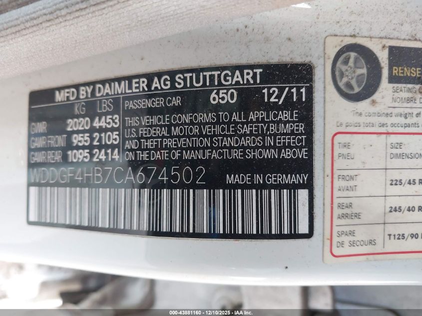 2012 Mercedes-Benz C 250 Luxury/Sport VIN: WDDGF4HB7CA674502 Lot: 43881160