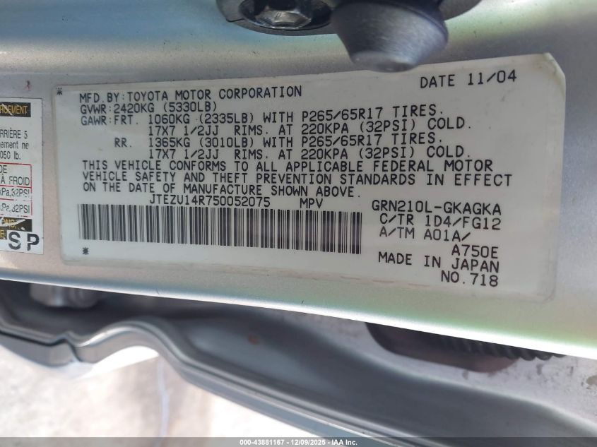 2005 Toyota 4Runner Sr5 V6 VIN: JTEZU14R750052075 Lot: 43881167