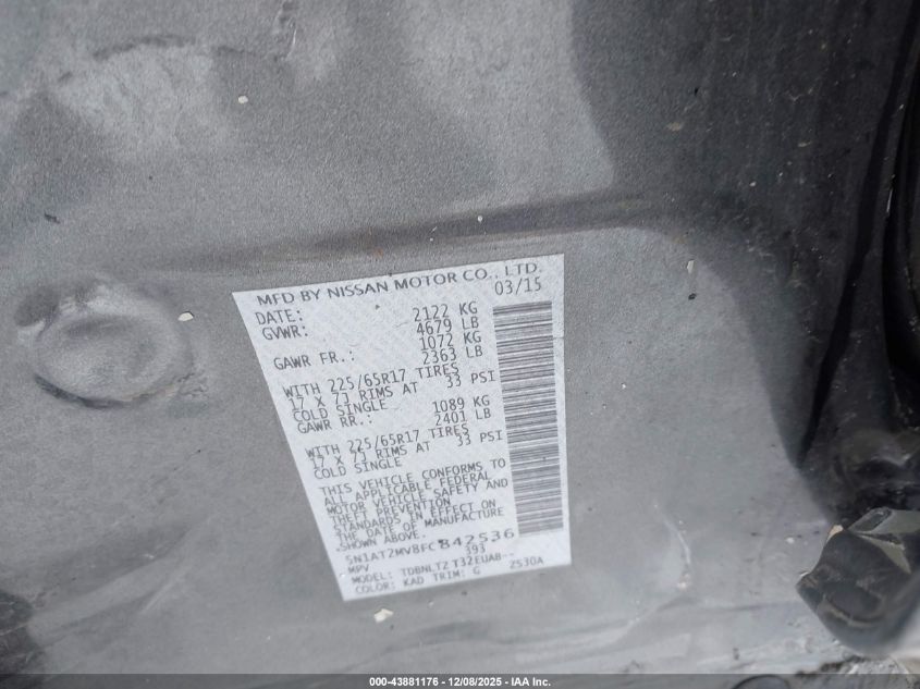 2015 Nissan Rogue Sv VIN: 5N1AT2MV8FC842536 Lot: 43881176