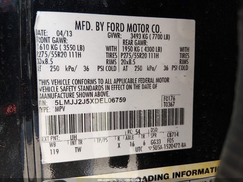 2013 Lincoln Navigator VIN: 5LMJJ2J5XDEL06759 Lot: 43881179