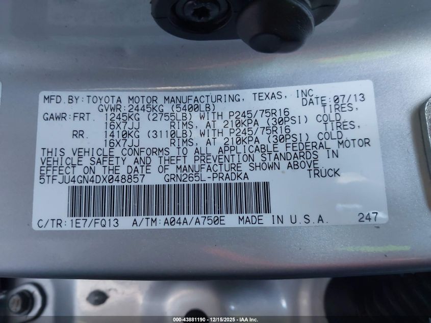 2013 Toyota Tacoma Prerunner V6 VIN: 5TFJU4GN4DX048857 Lot: 43881190