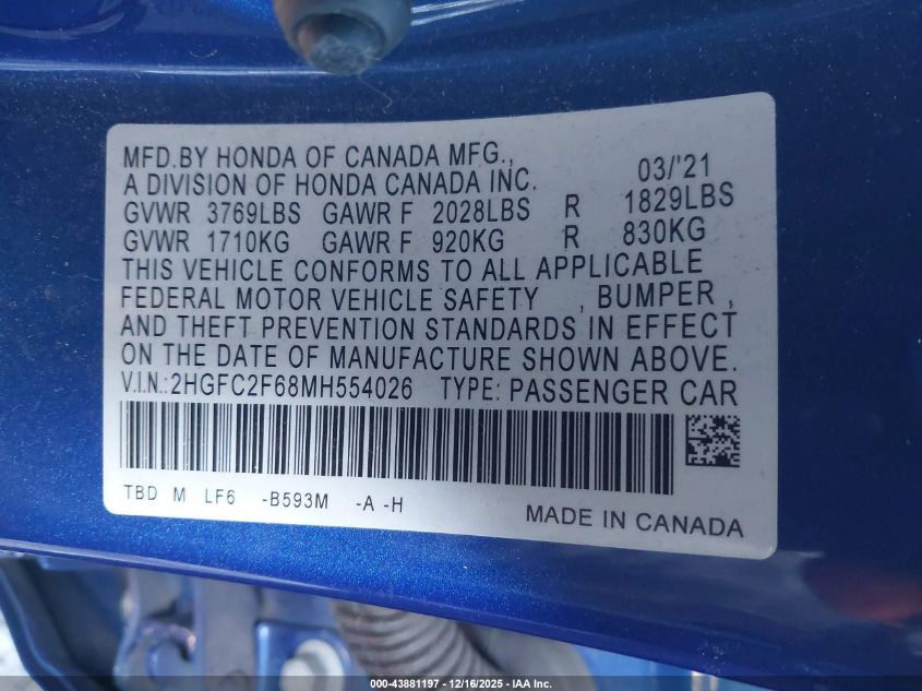 2021 Honda Civic Lx VIN: 2HGFC2F68MH554026 Lot: 43881197