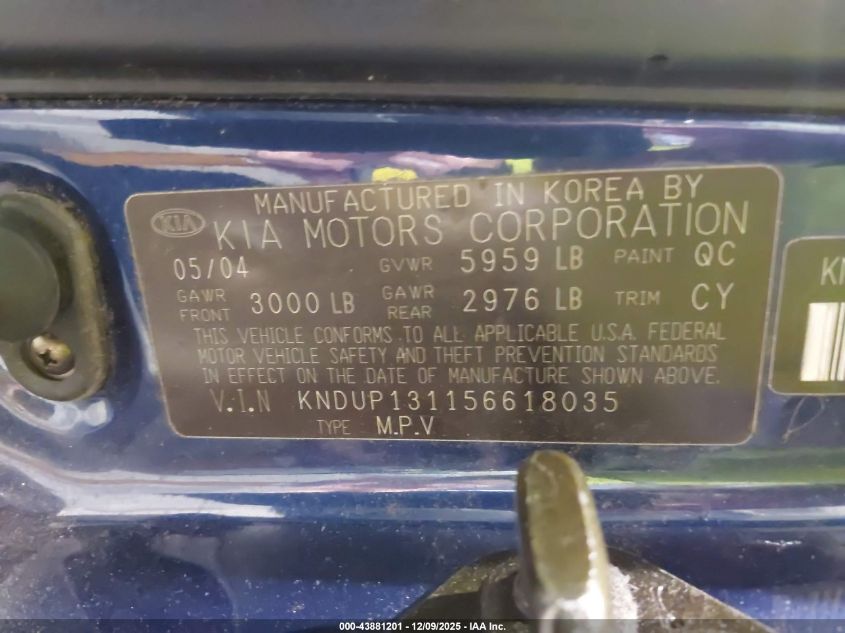 2005 Kia Sedona Ex/Lx VIN: KNDUP131156618035 Lot: 43881201