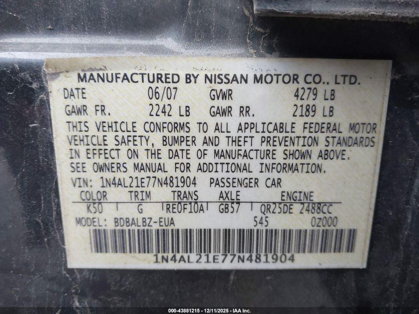 2007 Nissan Altima 2.5 S VIN: 1N4AL21E77N481904 Lot: 43881215
