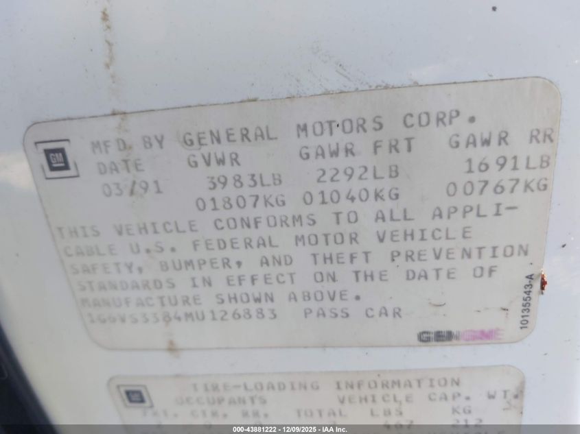 1991 Cadillac Allante VIN: 1G6VS3384MU126883 Lot: 43881222