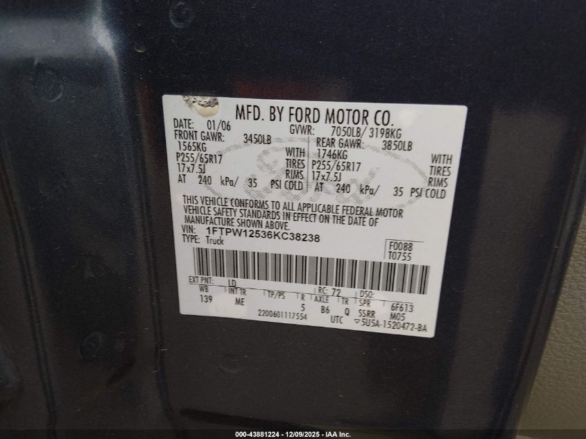 2006 Ford F-150 Lariat/Xlt VIN: 1FTPW12536KC38238 Lot: 43881224