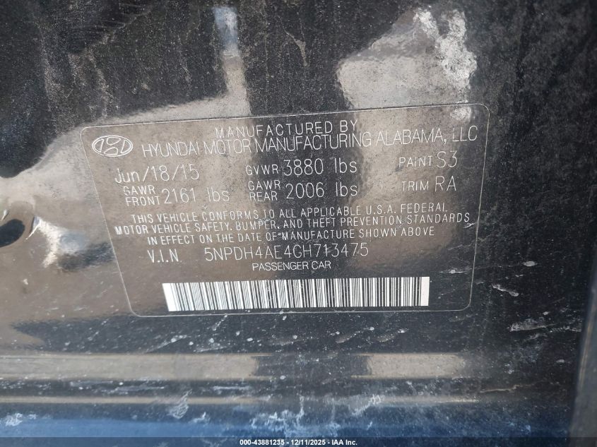 2016 Hyundai Elantra Se VIN: 5NPDH4AE4GH713475 Lot: 43881235