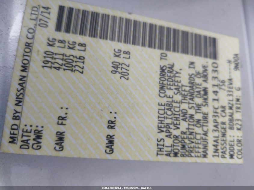 2015 Nissan Altima 2.5 Sv VIN: 1N4AL3AP3FC141330 Lot: 43881244