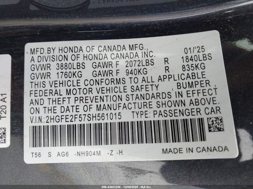 2025 Honda Civic Sport VIN: 2HGFE2F57SH561015 Lot: 43881246