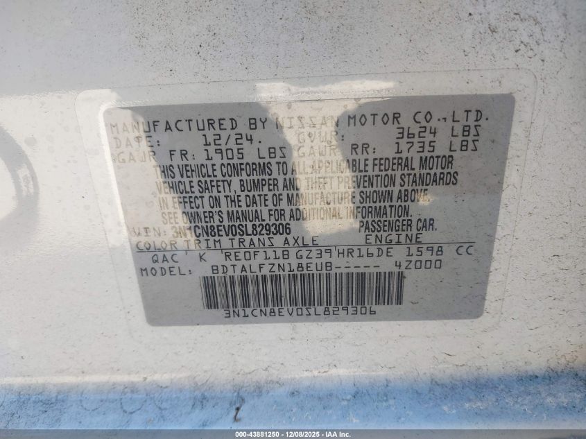 2025 Nissan Versa 1.6 Sv VIN: 3N1CN8EV0SL829306 Lot: 43881250