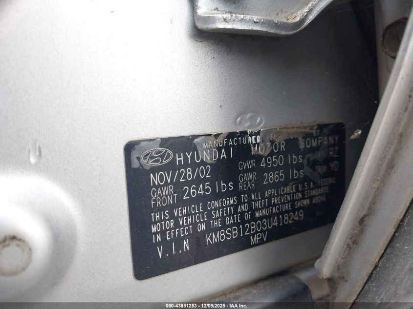 2003 Hyundai Santa Fe VIN: KM8SB12B03U418249 Lot: 43881253