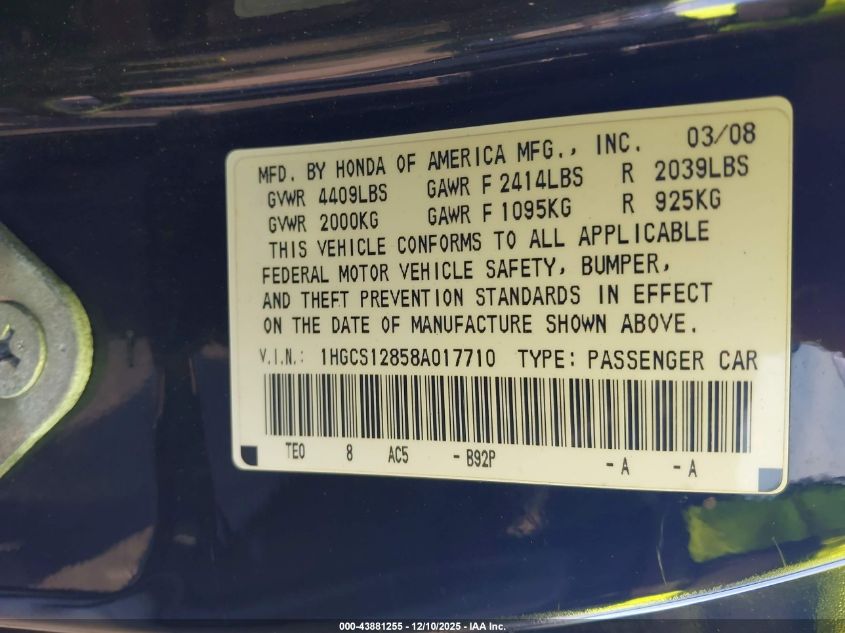 2008 Honda Accord Cpe 2.4 Ex-L/Ex-L VIN: 1HGCS12858A017710 Lot: 43881255