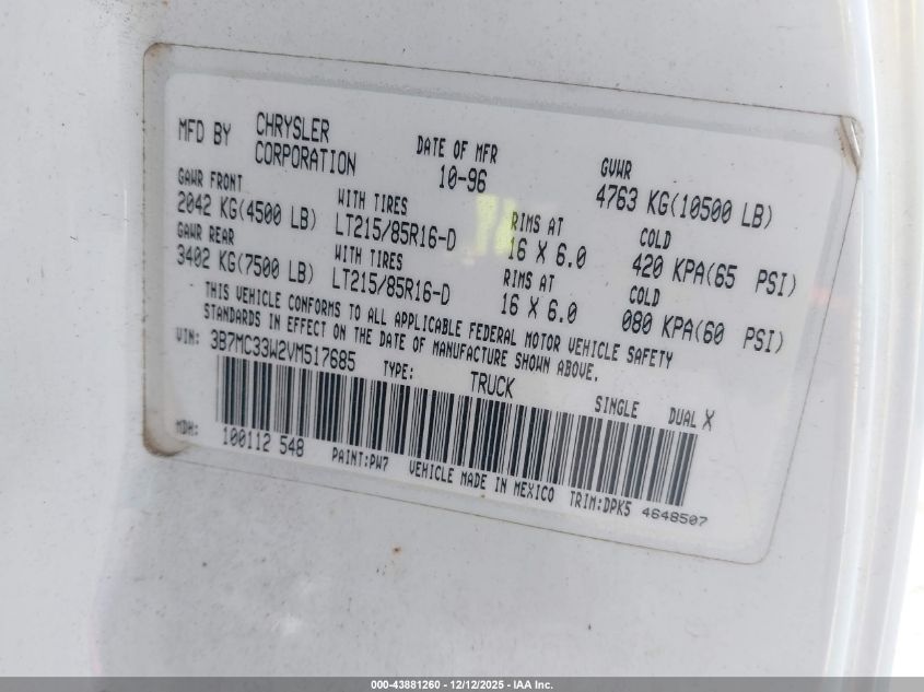 1997 Dodge Ram 3500 St VIN: 3B7MC33W2VM517685 Lot: 43881260