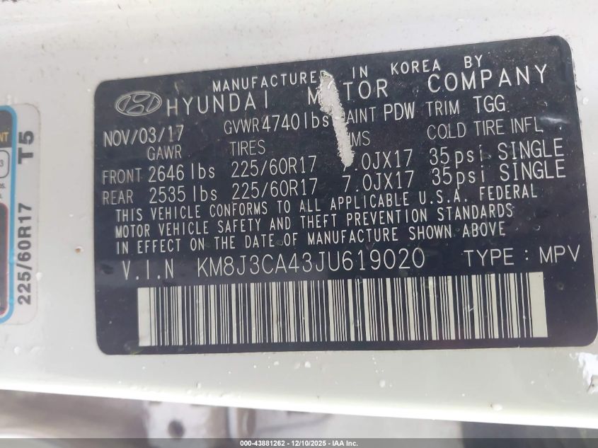 2018 Hyundai Tucson Sel VIN: KM8J3CA43JU619020 Lot: 43881262