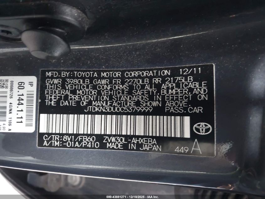 2012 Toyota Prius Two VIN: JTDKN3DU0C5379999 Lot: 43881271