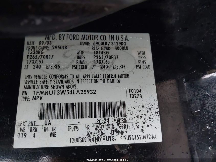 2004 Ford Expedition Xls VIN: 1FMRU13W54LA25932 Lot: 43881272