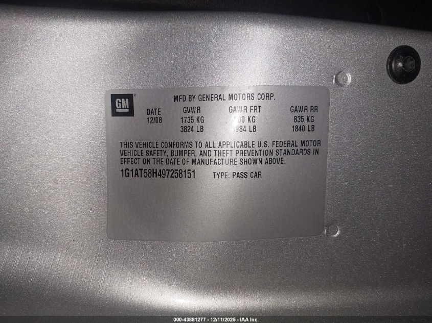 2009 Chevrolet Cobalt Lt VIN: 1G1AT58H497258151 Lot: 43881277