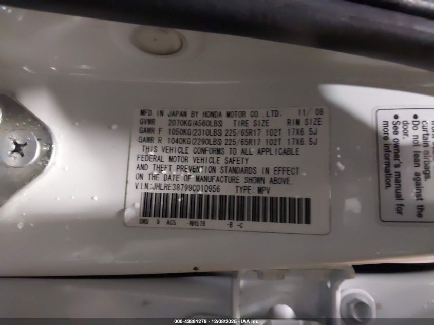 2009 Honda Cr-V Ex-L VIN: JHLRE38799C010956 Lot: 43881279