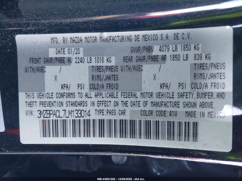 2020 Mazda Mazda3 Select Package VIN: 3MZBPACL7LM133014 Lot: 43881282