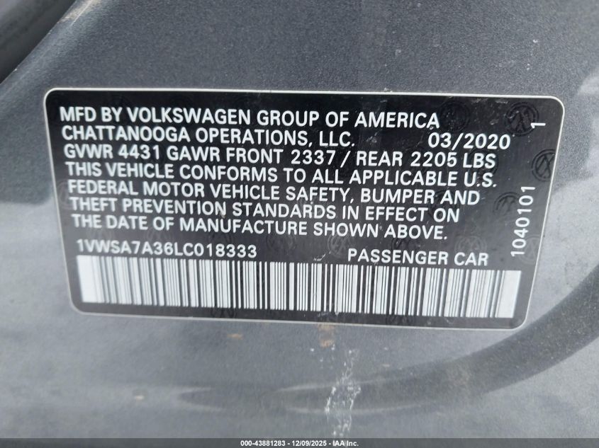 2020 Volkswagen Passat 2.0T Se VIN: 1VWSA7A36LC018333 Lot: 43881283