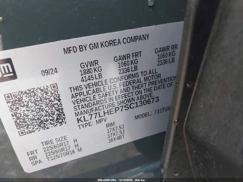 2025 Chevrolet Trax Fwd Lt VIN: KL77LHEP7SC130673 Lot: 43881284