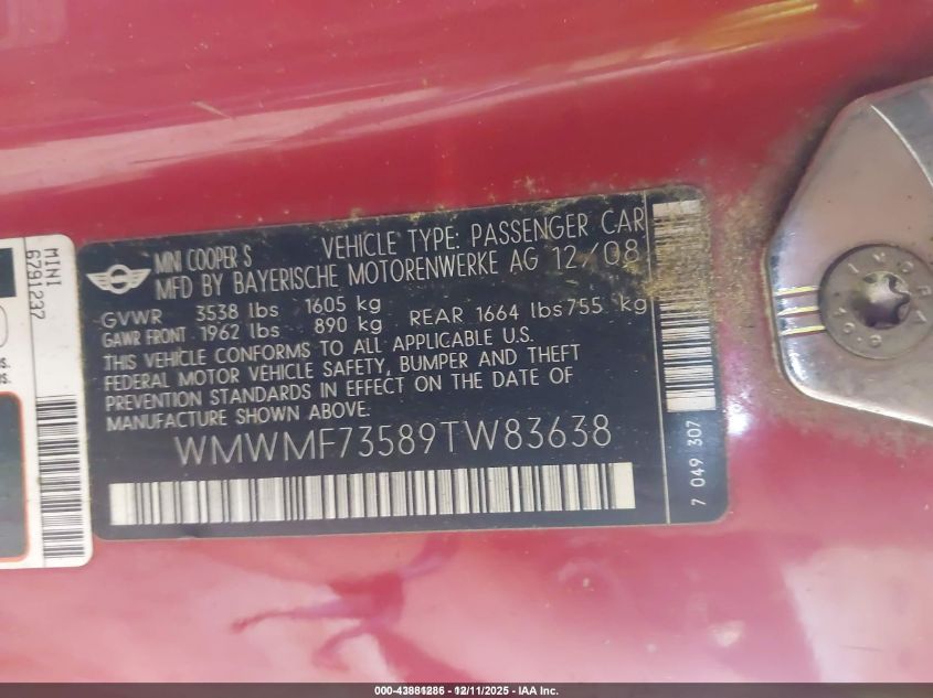 2009 Mini Cooper S VIN: WMWMF73589TW83638 Lot: 43881286