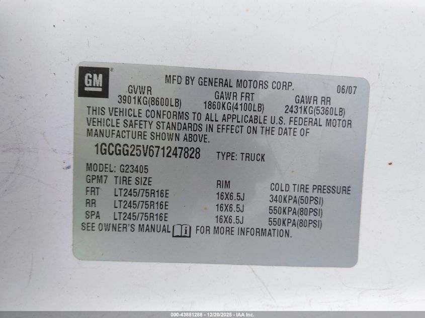 2007 Chevrolet Express Work Van VIN: 1GCGG25V671247828 Lot: 43881288