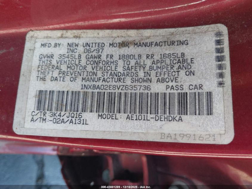 1997 Toyota Corolla Std VIN: 1NXBA02E8VZ635736 Lot: 43881289