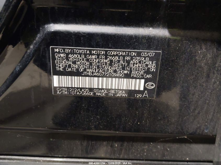 2007 Lexus Es 350 VIN: JTHBJ46G772109490 Lot: 43881294