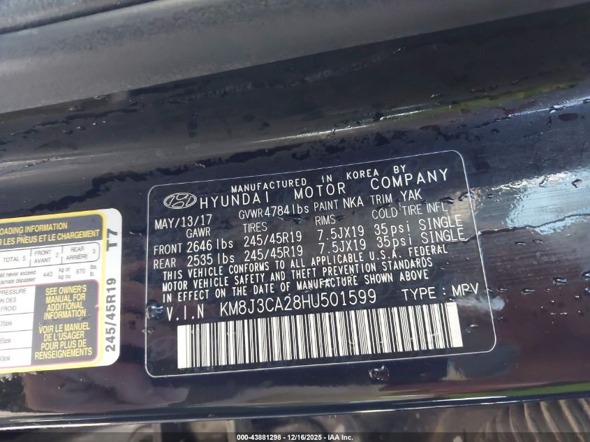 2017 Hyundai Tucson Limited VIN: KM8J3CA28HU501599 Lot: 43881298