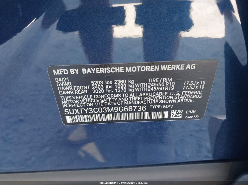 2021 BMW X3 Sdrive30I VIN: 5UXTY3C03M9G68736 Lot: 43881310