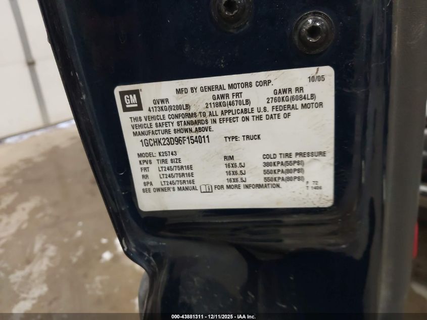 2006 Chevrolet Silverado 2500Hd Lt1 VIN: 1GCHK23D96F154011 Lot: 43881311