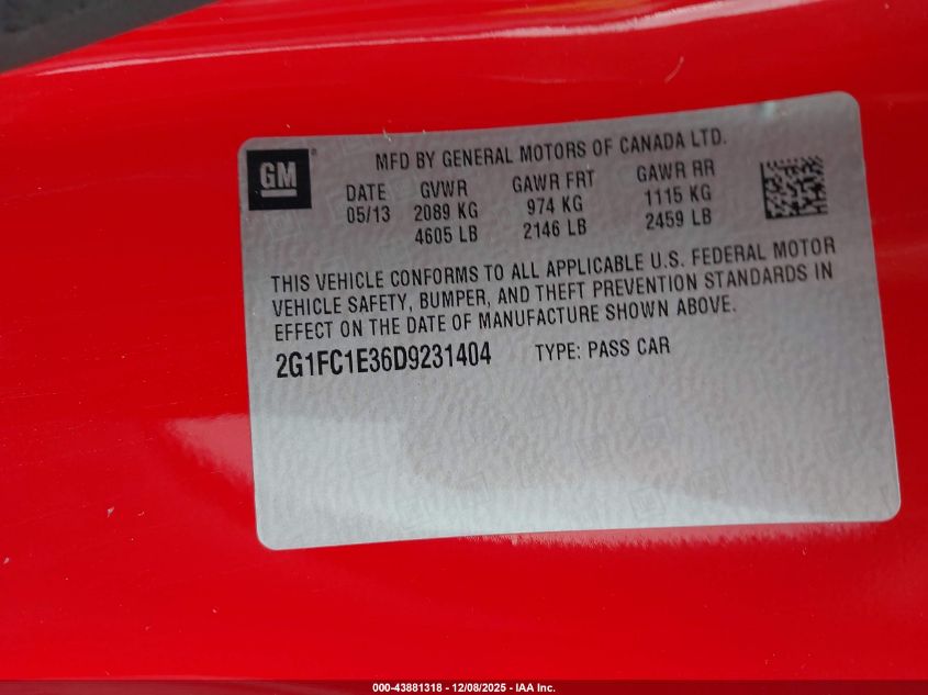 2013 Chevrolet Camaro 2Lt VIN: 2G1FC1E36D9231404 Lot: 43881318