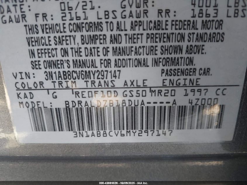 2021 Nissan Sentra Sv Xtronic Cvt VIN: 3N1AB8CV6MY297147 Lot: 43881326