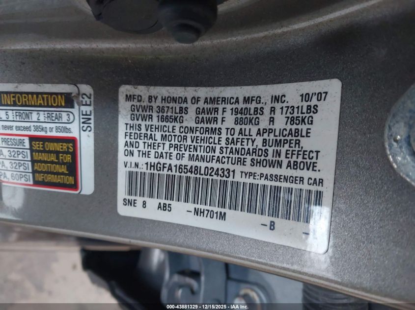 2008 Honda Civic Lx VIN: 1HGFA16548L024331 Lot: 43881329