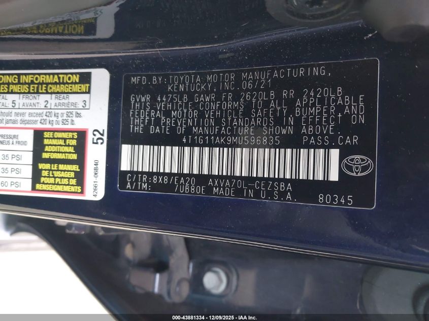 2021 Toyota Camry Se VIN: 4T1G11AK9MU596835 Lot: 43881334