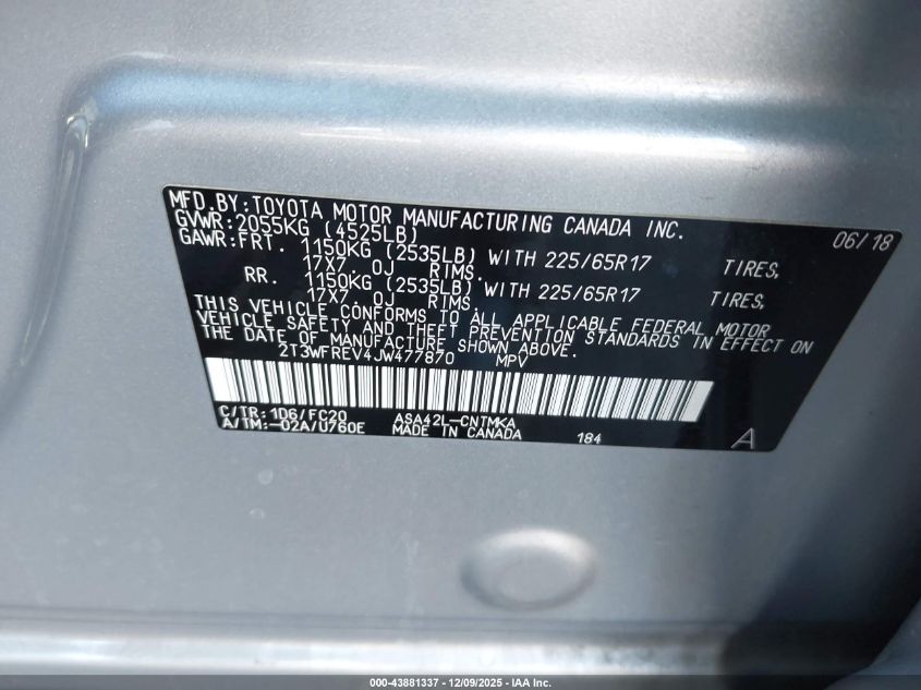 2018 Toyota Rav4 Xle VIN: 2T3WFREV4JW477870 Lot: 43881337