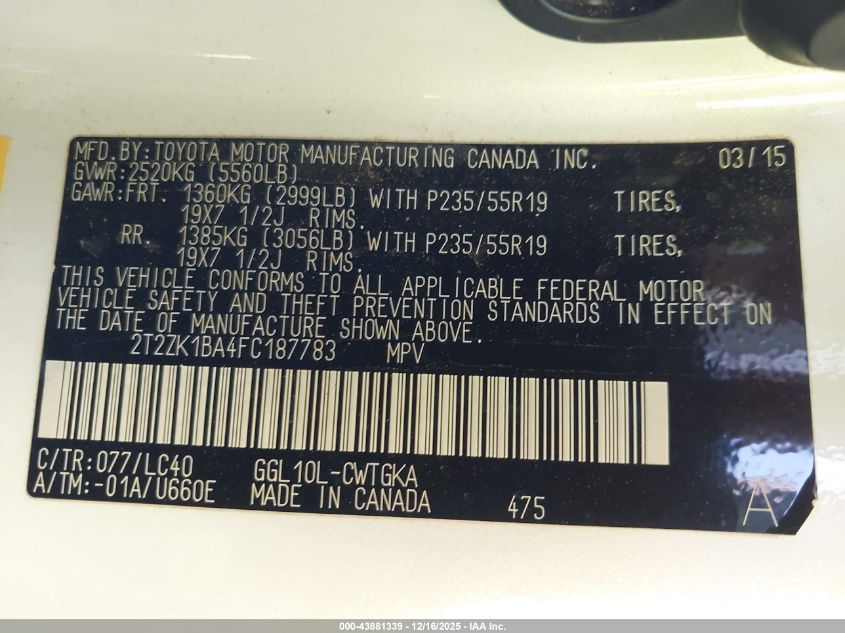 2015 Lexus Rx 350 VIN: 2T2ZK1BA4FC187783 Lot: 43881339