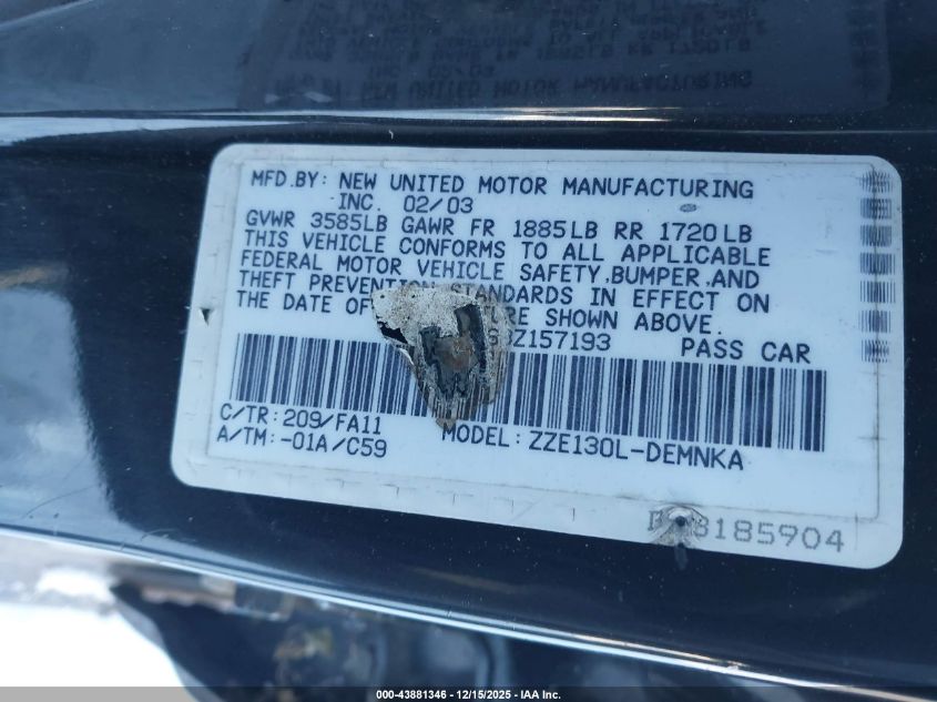 2003 Toyota Corolla Le VIN: 1NXBR32E63Z157193 Lot: 43881346