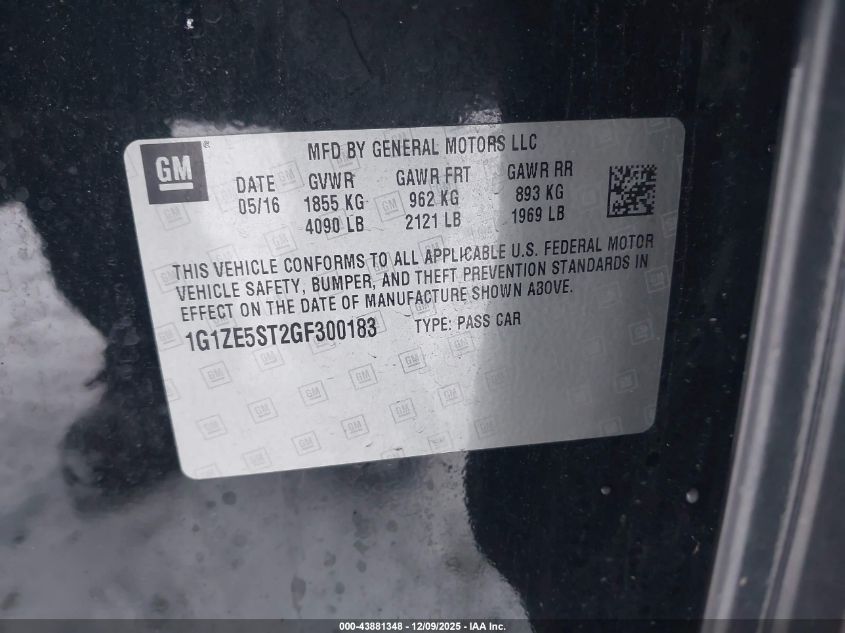 2016 Chevrolet Malibu 1Lt VIN: 1G1ZE5ST2GF300183 Lot: 43881348