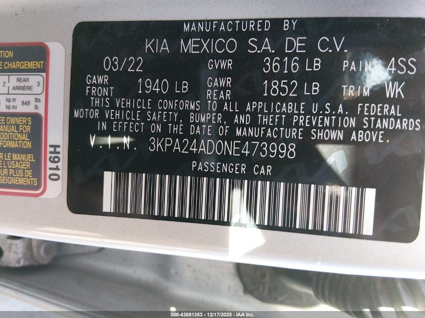 2022 Kia Rio S VIN: 3KPA24AD0NE473998 Lot: 43881353