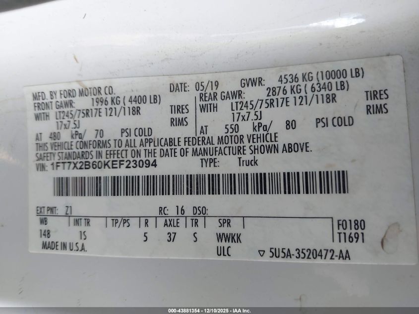2019 Ford F-250 Xl VIN: 1FT7X2B60KEF23094 Lot: 43881354
