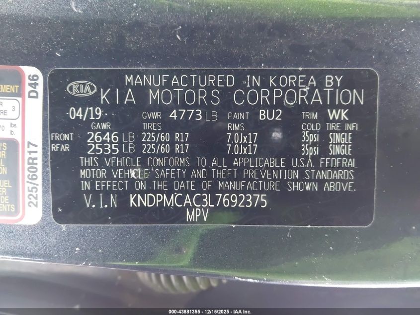 2020 Kia Sportage Lx VIN: KNDPMCAC3L7692375 Lot: 43881355