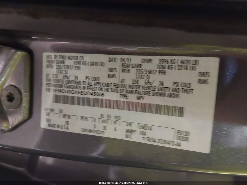 2014 Ford Escape Se VIN: 1FMCU0GX5EUD45055 Lot: 43881356