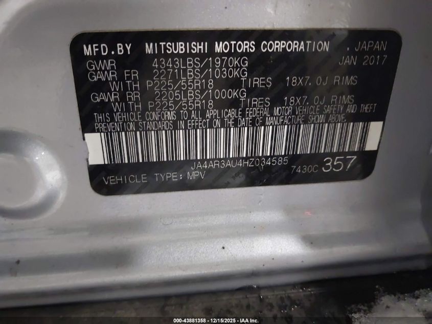 2017 Mitsubishi Outlander Sport 2.0 Le VIN: JA4AR3AU4HZ034585 Lot: 43881358