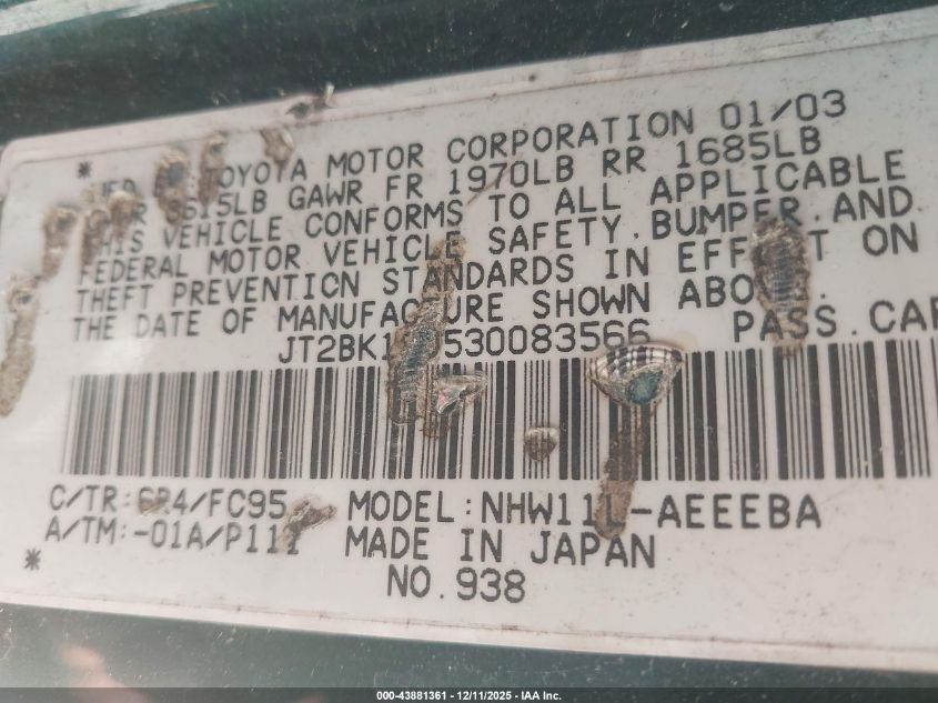 2003 Toyota Prius VIN: JT2BK18U530083566 Lot: 43881361