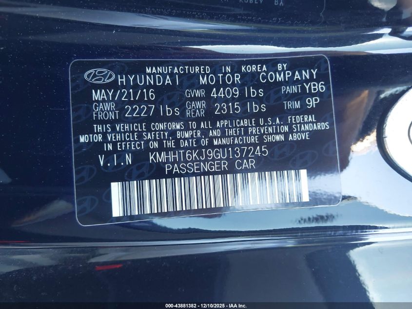 2016 Hyundai Genesis 3.8 Base VIN: KMHHT6KJ9GU137245 Lot: 43881382